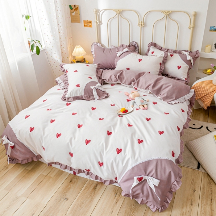91家纺网 家纺一手货源 找家纺 靓生活 2021新款韩版磨毛四件套 小爱心-珍珠白