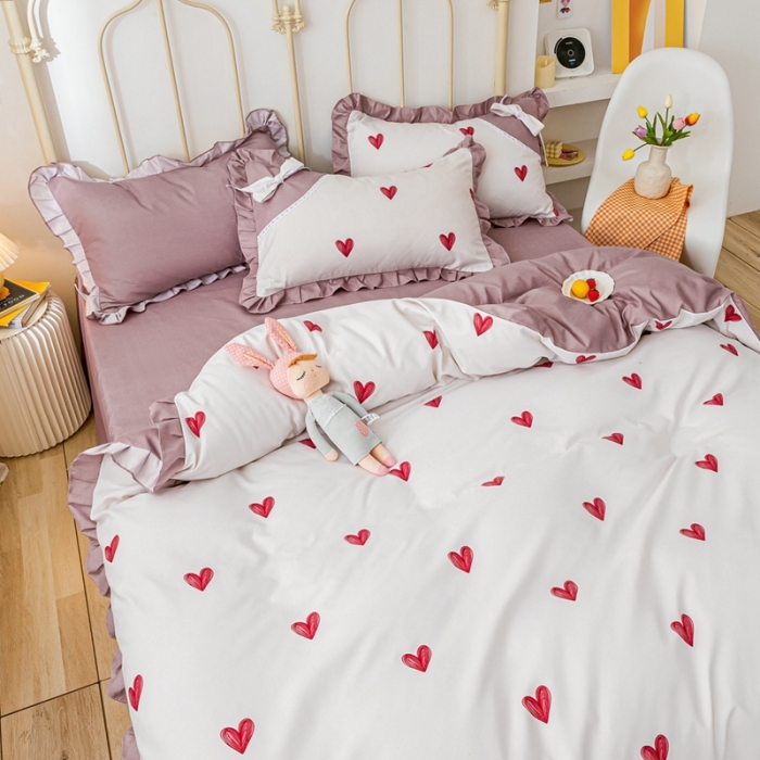 91家纺网 家纺一手货源 找家纺 靓生活 2021新款韩版磨毛四件套 小爱心-珍珠白