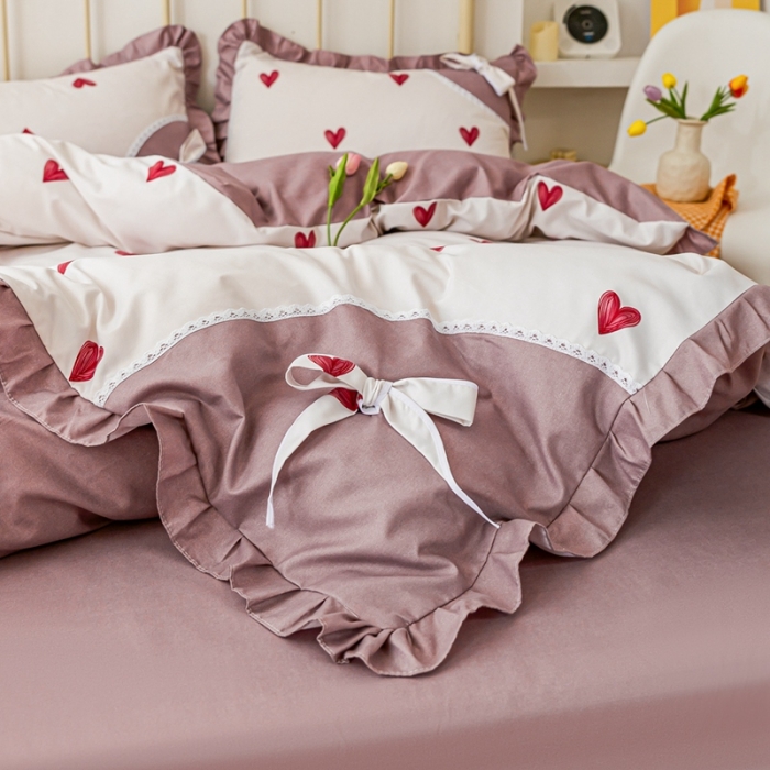 91家纺网 家纺一手货源 找家纺 靓生活 2021新款韩版磨毛四件套 小爱心-珍珠白