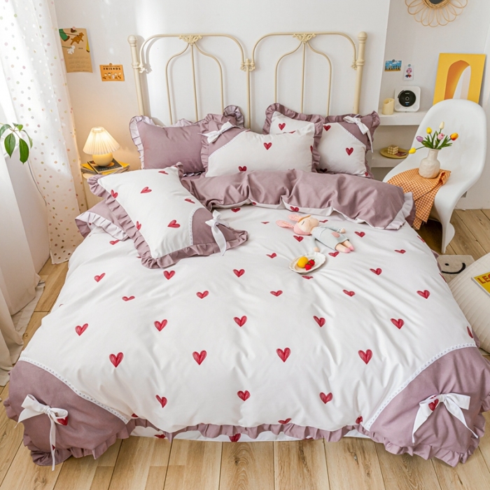 91家纺网 家纺一手货源 找家纺 靓生活 2021新款韩版磨毛四件套 小爱心-珍珠白