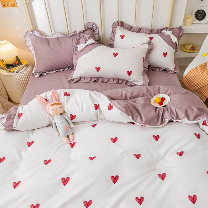 91家纺网 家纺一手货源 找家纺 靓生活 2021新款韩版磨毛四件套 小爱心-珍珠白