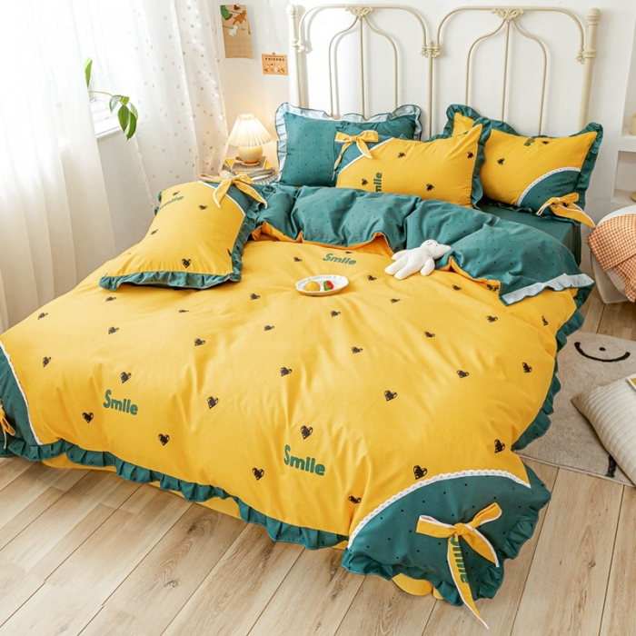 91家纺网 家纺一手货源 找家纺 靓生活 2021新款韩版磨毛四件套 心乐-柠檬黄
