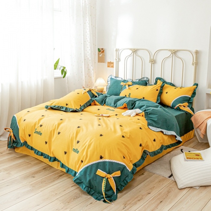 91家纺网 家纺一手货源 找家纺 靓生活 2021新款韩版磨毛四件套 心乐-柠檬黄