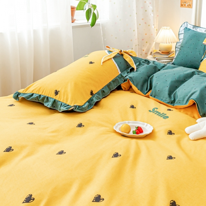 91家纺网 家纺一手货源 找家纺 靓生活 2021新款韩版磨毛四件套 心乐-柠檬黄