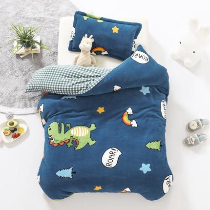 91家纺网 家纺一手货源 找家纺 吉咪兔 2022新款儿童卡通双面绒幼儿园牛奶绒单件被套 可爱恐龙-蓝