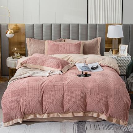 91家纺网 家纺一手货源 找家纺 仟网汇 2021新款轻奢牛奶绒烂花四件套 豆沙色