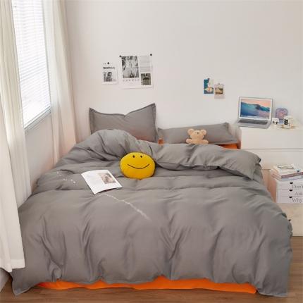 贝拉梦家纺 2021新款云朵棉亲肤纯色+双拼四件套 浅灰桔