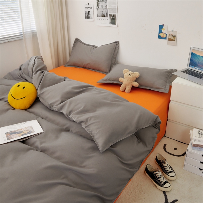 91家纺网 家纺一手货源 找家纺 贝拉梦家纺 2021新款云朵棉亲肤纯色+双拼四件套 浅灰桔