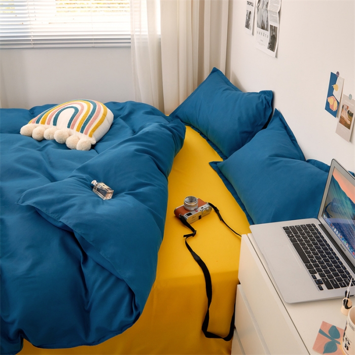 91家纺网 家纺一手货源 找家纺 贝拉梦家纺 2021新款云朵棉亲肤纯色+双拼四件套 青蓝黄