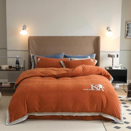 91家纺网 家纺一手货源 找家纺 源启生活 2021新款高克重牛奶绒提花华夫格四件套 KK熊橙