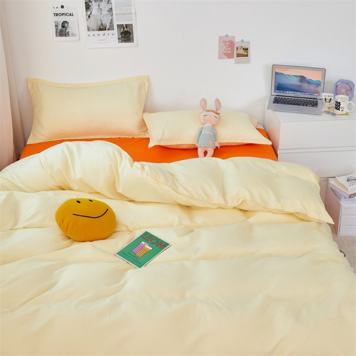 91家纺网 家纺一手货源 找家纺 贝拉梦家纺 2021新款云朵棉亲肤纯色+双拼四件套 芝士桔