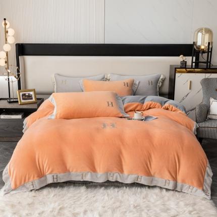 91家纺网 家纺一手货源 找家纺 芯贝儿 2021新款加厚牛奶绒轻奢宽边刺绣四件套 奶油橙