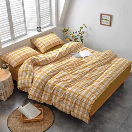 91家纺网 家纺一手货源 找家纺 雅珺 2021新款色织全棉水洗棉四件套AB版 芒果格