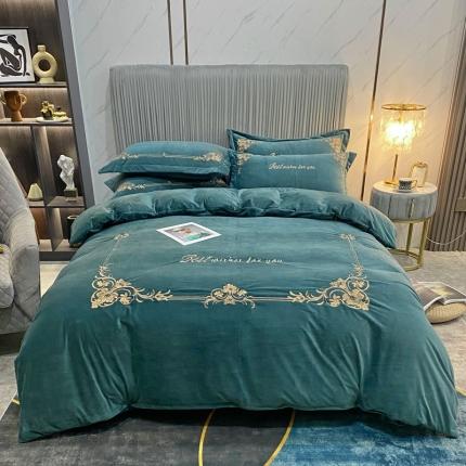 星尚2021高品质婴儿绒夹棉床盖绣花四件套牛奶法莱绒 祖母绿