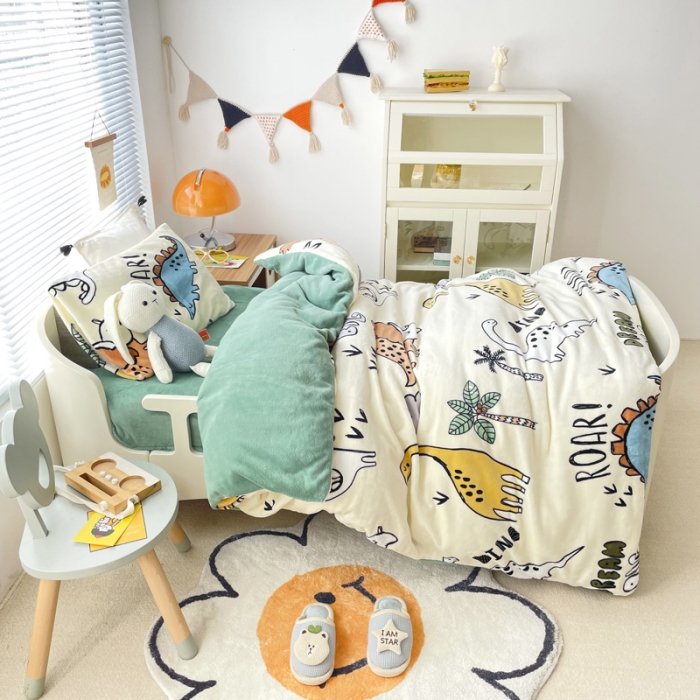 91家纺网 家纺一手货源 找家纺 嗨生活 2021新款加厚牛奶绒被套系列 恐龙世界