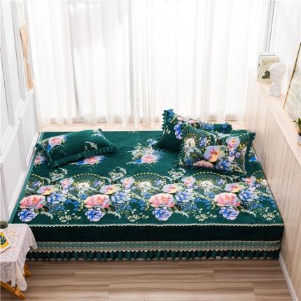 91家纺网 家纺一手货源 找家纺 冬然 2022新款牛奶绒床盖榻榻米床盖炕盖 春香满庭绿