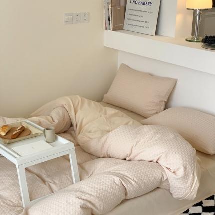 91家纺网 家纺一手货源 找家纺 （总）梦享生活 2021新款华夫格水洗棉四件套,白色,粉色,黄色,卡其,浅灰,天蓝