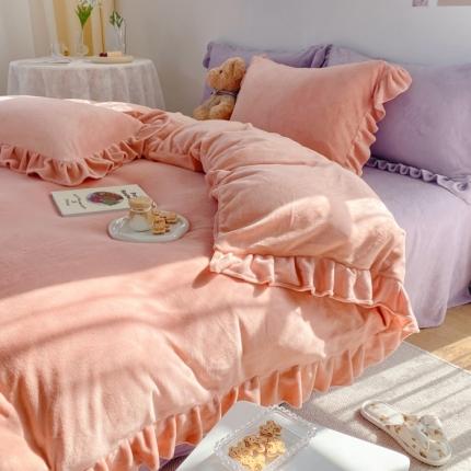91家纺网 家纺一手货源 找家纺 六巷胡同 2021新款牛奶绒ins混搭花边款四件套 橘粉淡紫