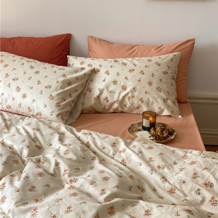 91家纺网 家纺一手货源 找家纺 棉眠 新款A版全棉13070B版13374复古花园四件套 蜜桃雪山（配橘粉床单）