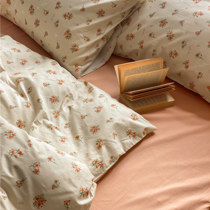 91家纺网 家纺一手货源 找家纺 棉眠 新款A版全棉13070B版13374复古花园四件套 蜜桃雪山（配橘粉床单）