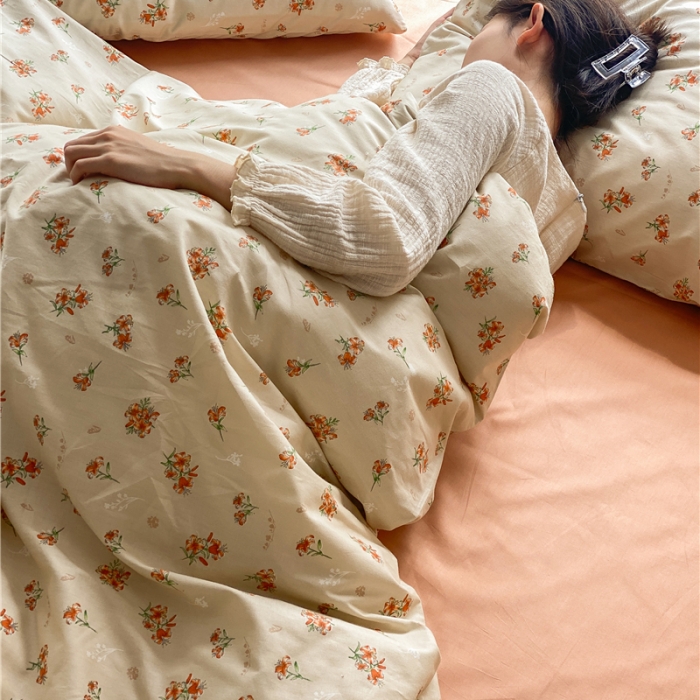 91家纺网 家纺一手货源 找家纺 棉眠 新款A版全棉13070B版13374复古花园四件套 蜜桃雪山（配橘粉床单）