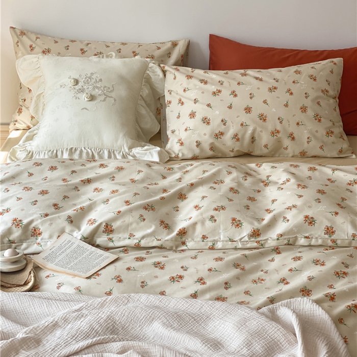 91家纺网 家纺一手货源 找家纺 棉眠 新款A版全棉13070B版13374复古花园四件套 蜜桃雪山（配米杏床单）
