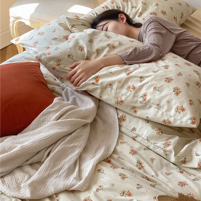 91家纺网 家纺一手货源 找家纺 棉眠 新款A版全棉13070B版13374复古花园四件套 蜜桃雪山（配米杏床单）
