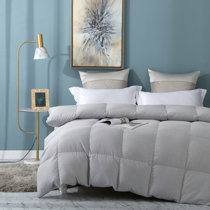 91家纺网 家纺一手货源 找家纺 锦瑞羽绒 2024新款千鸟格80支羊绒棉鹅绒被冬被被子被芯 蓝灰千鸟格