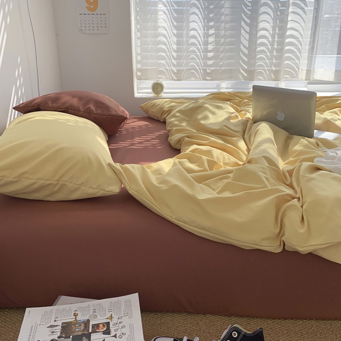 91家纺网 家纺一手货源 找家纺 曼谷新款ins美棉磨毛纯色混搭拼色四件套 布丁焦糖