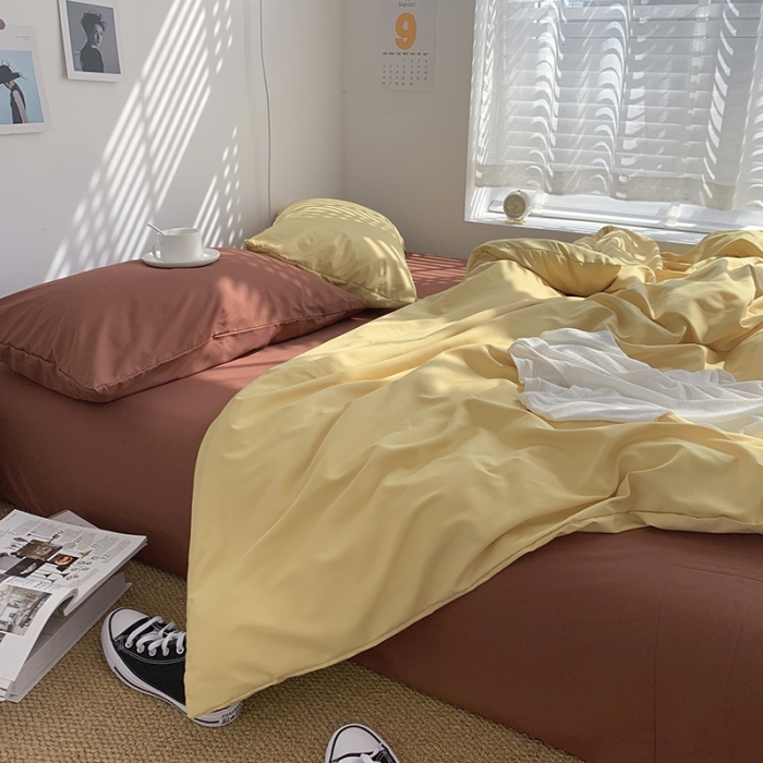 91家纺网 家纺一手货源 找家纺 曼谷新款ins美棉磨毛纯色混搭拼色四件套 布丁焦糖