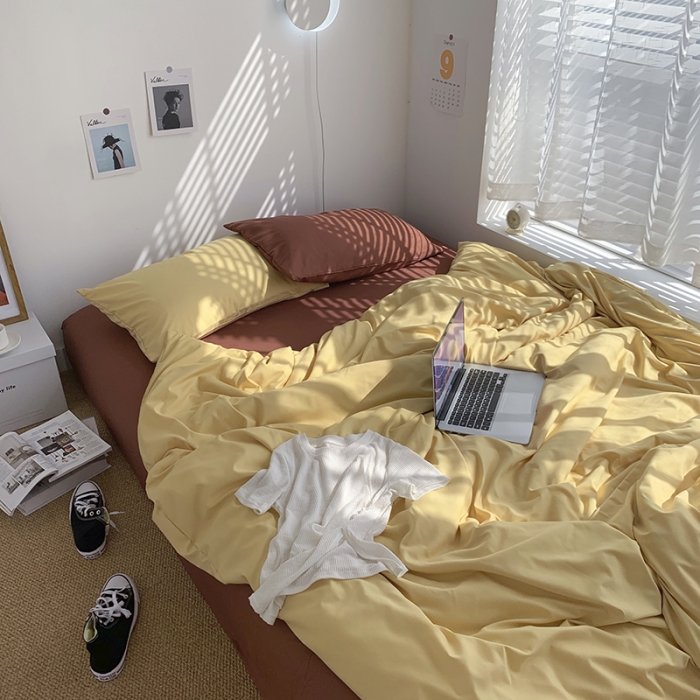 91家纺网 家纺一手货源 找家纺 曼谷新款ins美棉磨毛纯色混搭拼色四件套 布丁焦糖