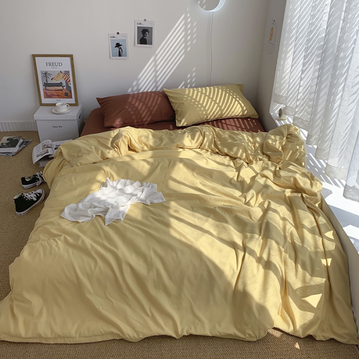 91家纺网 家纺一手货源 找家纺 曼谷新款ins美棉磨毛纯色混搭拼色四件套 布丁焦糖