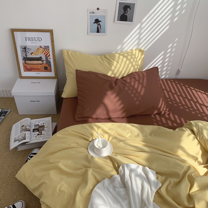 91家纺网 家纺一手货源 找家纺 曼谷新款ins美棉磨毛纯色混搭拼色四件套 布丁焦糖