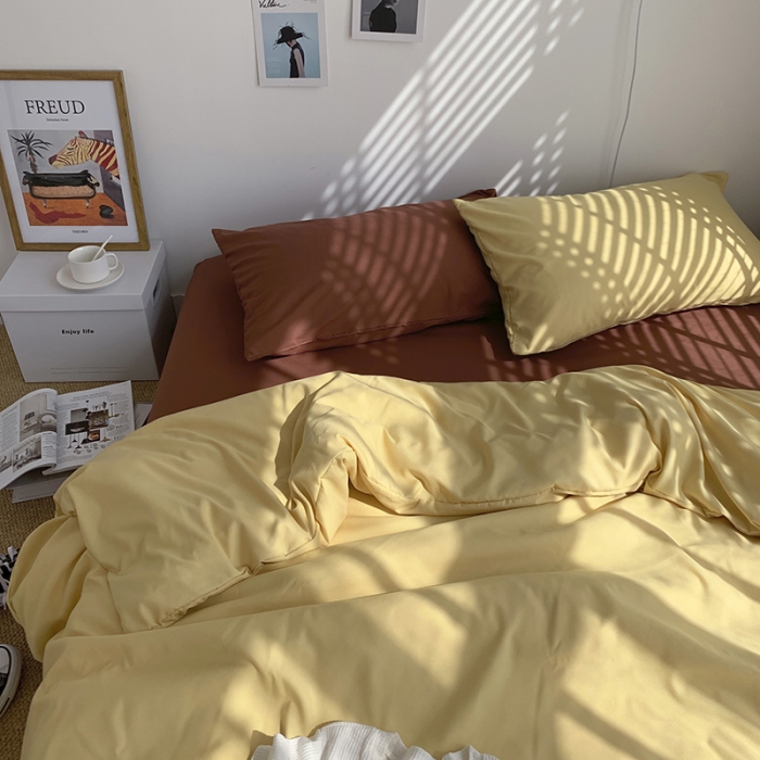 91家纺网 家纺一手货源 找家纺 曼谷新款ins美棉磨毛纯色混搭拼色四件套 布丁焦糖