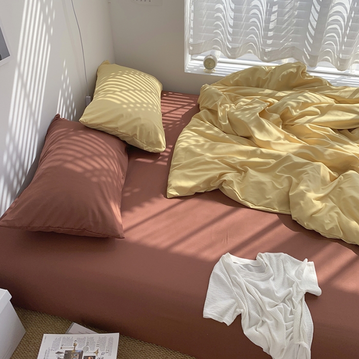 91家纺网 家纺一手货源 找家纺 曼谷新款ins美棉磨毛纯色混搭拼色四件套 布丁焦糖