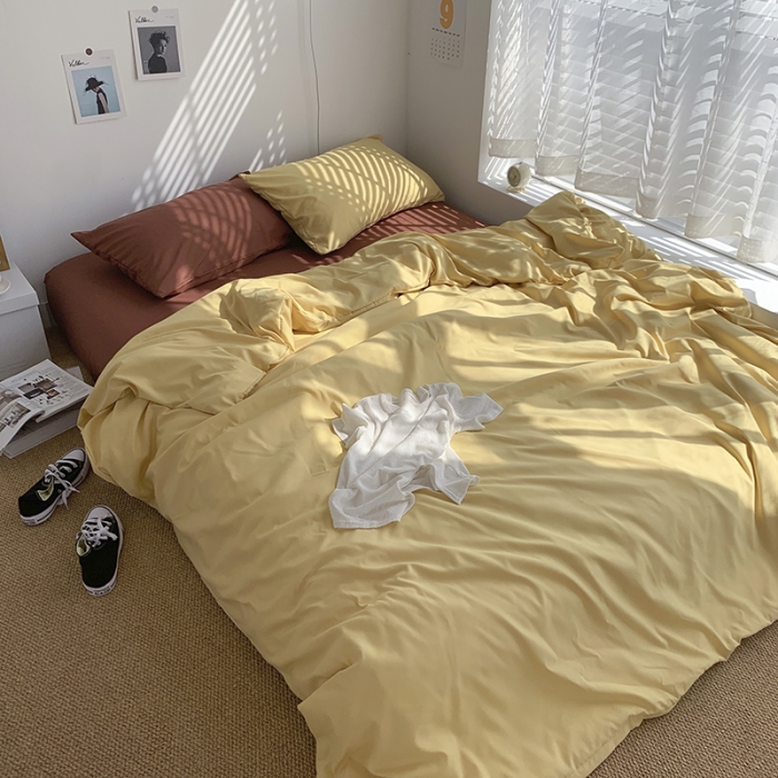 91家纺网 家纺一手货源 找家纺 曼谷新款ins美棉磨毛纯色混搭拼色四件套 布丁焦糖