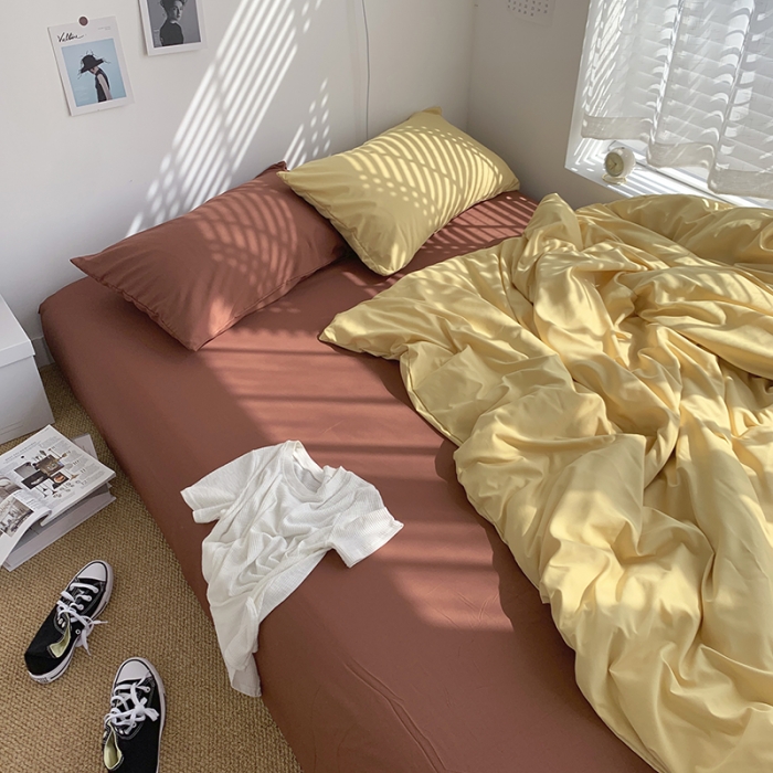91家纺网 家纺一手货源 找家纺 曼谷新款ins美棉磨毛纯色混搭拼色四件套 布丁焦糖