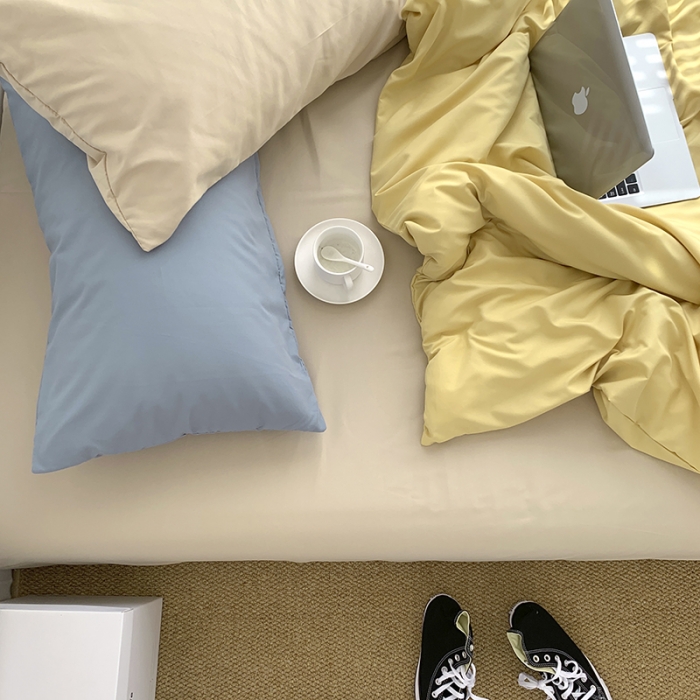 91家纺网 家纺一手货源 找家纺 曼谷新款ins美棉磨毛纯色混搭拼色四件套 布丁奶茶+海盐