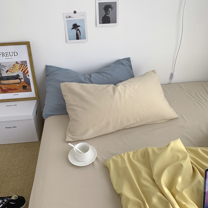 91家纺网 家纺一手货源 找家纺 曼谷新款ins美棉磨毛纯色混搭拼色四件套 布丁奶茶+海盐