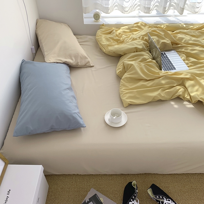 91家纺网 家纺一手货源 找家纺 曼谷新款ins美棉磨毛纯色混搭拼色四件套 布丁奶茶+海盐