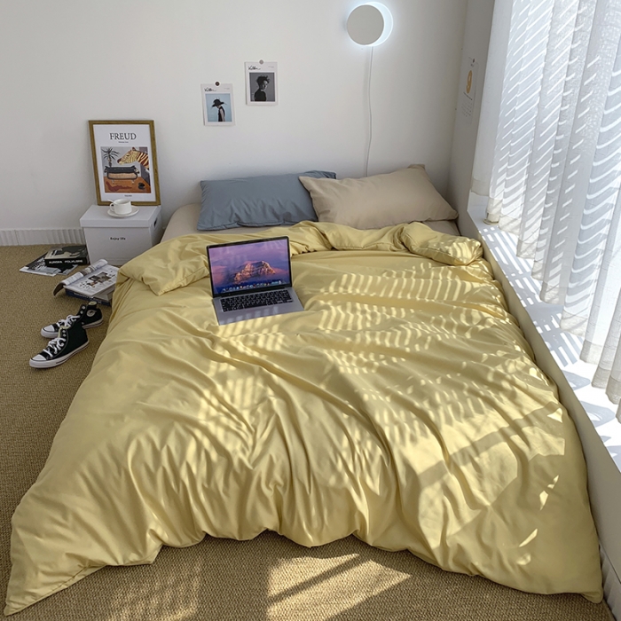 91家纺网 家纺一手货源 找家纺 曼谷新款ins美棉磨毛纯色混搭拼色四件套 布丁奶茶+海盐