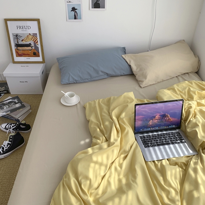 91家纺网 家纺一手货源 找家纺 曼谷新款ins美棉磨毛纯色混搭拼色四件套 布丁奶茶+海盐