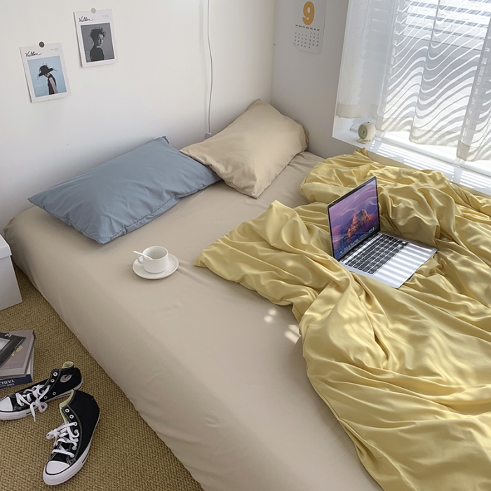 91家纺网 家纺一手货源 找家纺 曼谷新款ins美棉磨毛纯色混搭拼色四件套 布丁奶茶+海盐