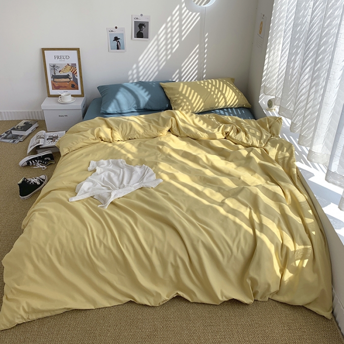 91家纺网 家纺一手货源 找家纺 曼谷新款ins美棉磨毛纯色混搭拼色四件套 布丁月影兰