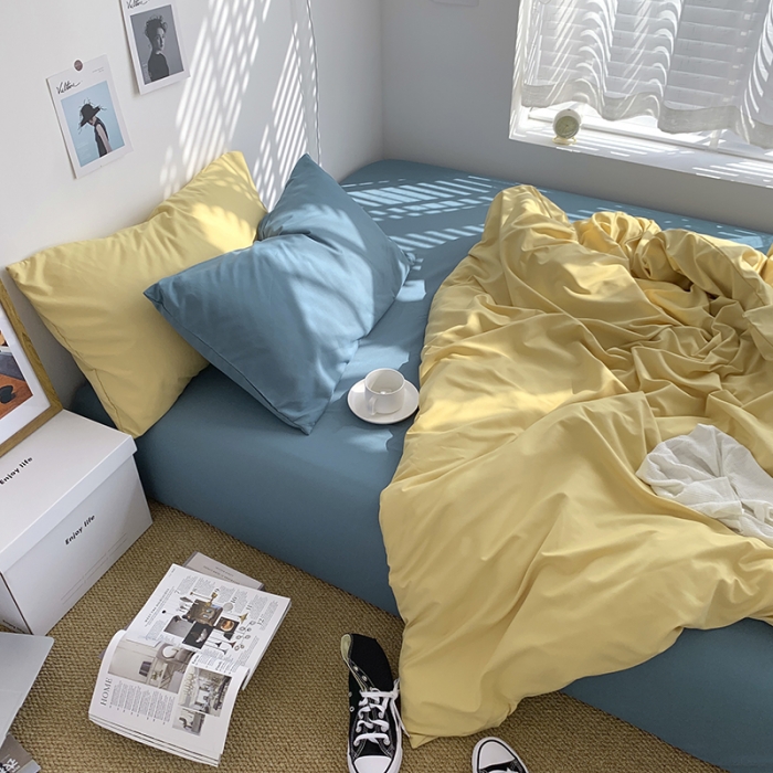 91家纺网 家纺一手货源 找家纺 曼谷新款ins美棉磨毛纯色混搭拼色四件套 布丁月影兰