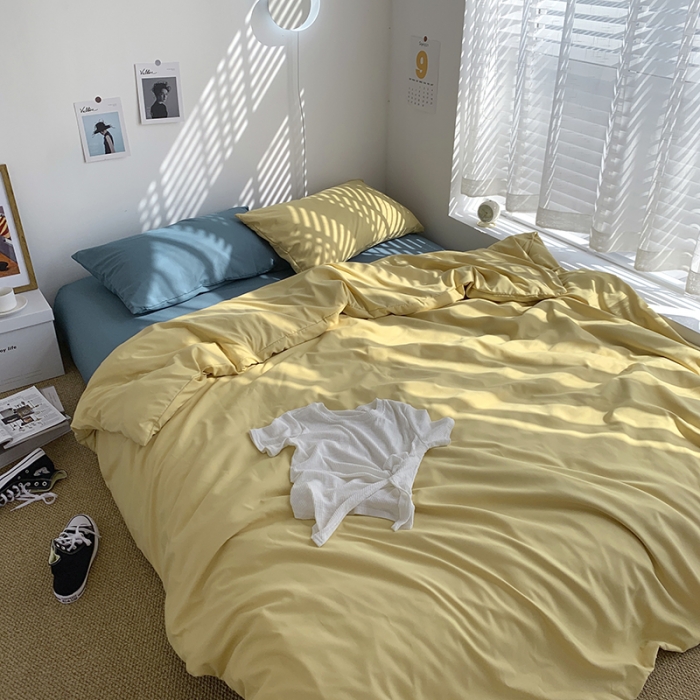 91家纺网 家纺一手货源 找家纺 曼谷新款ins美棉磨毛纯色混搭拼色四件套 布丁月影兰