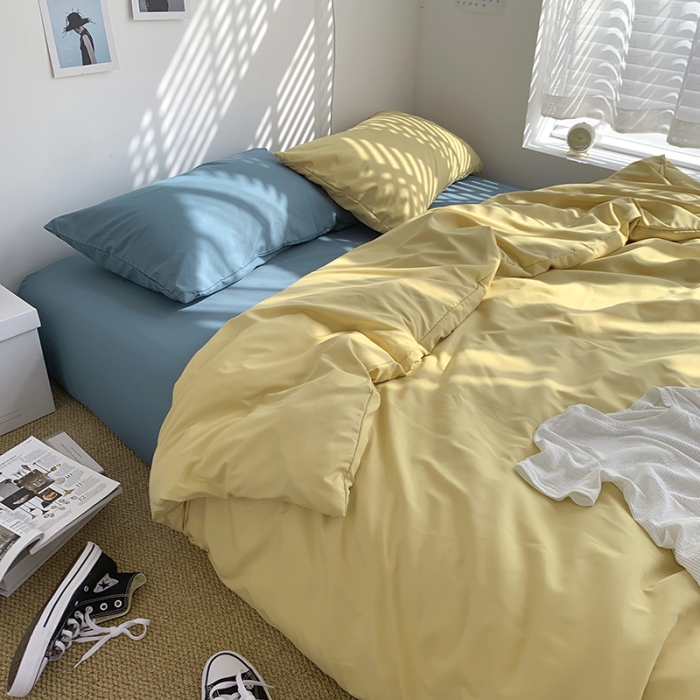 91家纺网 家纺一手货源 找家纺 曼谷新款ins美棉磨毛纯色混搭拼色四件套 布丁月影兰