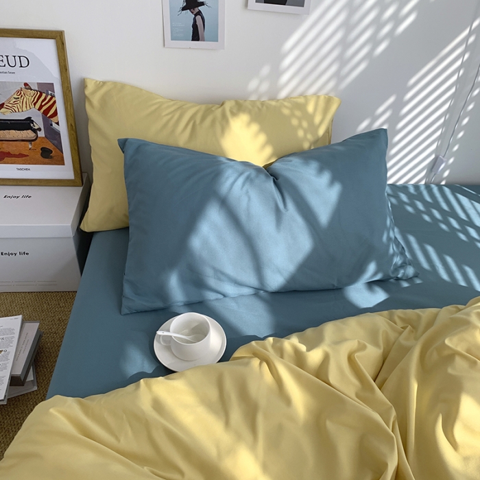 91家纺网 家纺一手货源 找家纺 曼谷新款ins美棉磨毛纯色混搭拼色四件套 布丁月影兰