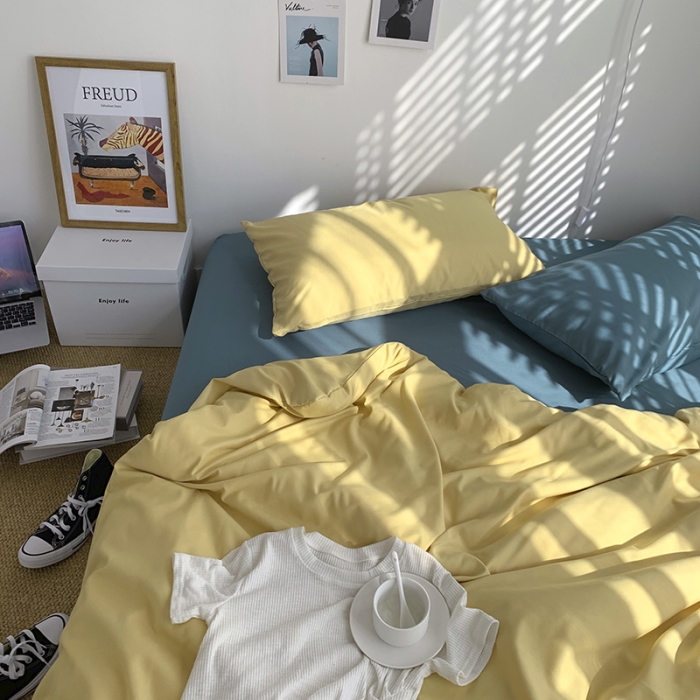 91家纺网 家纺一手货源 找家纺 曼谷新款ins美棉磨毛纯色混搭拼色四件套 布丁月影兰