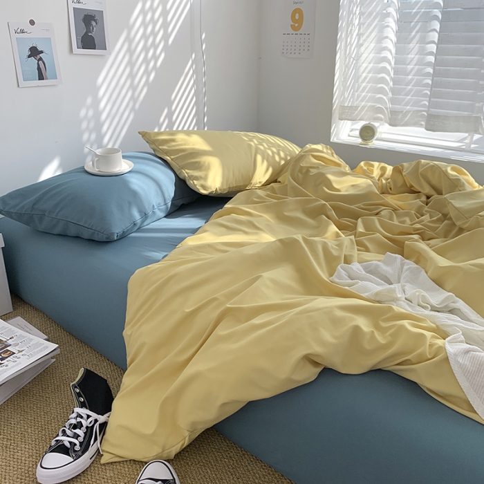 91家纺网 家纺一手货源 找家纺 曼谷新款ins美棉磨毛纯色混搭拼色四件套 布丁月影兰